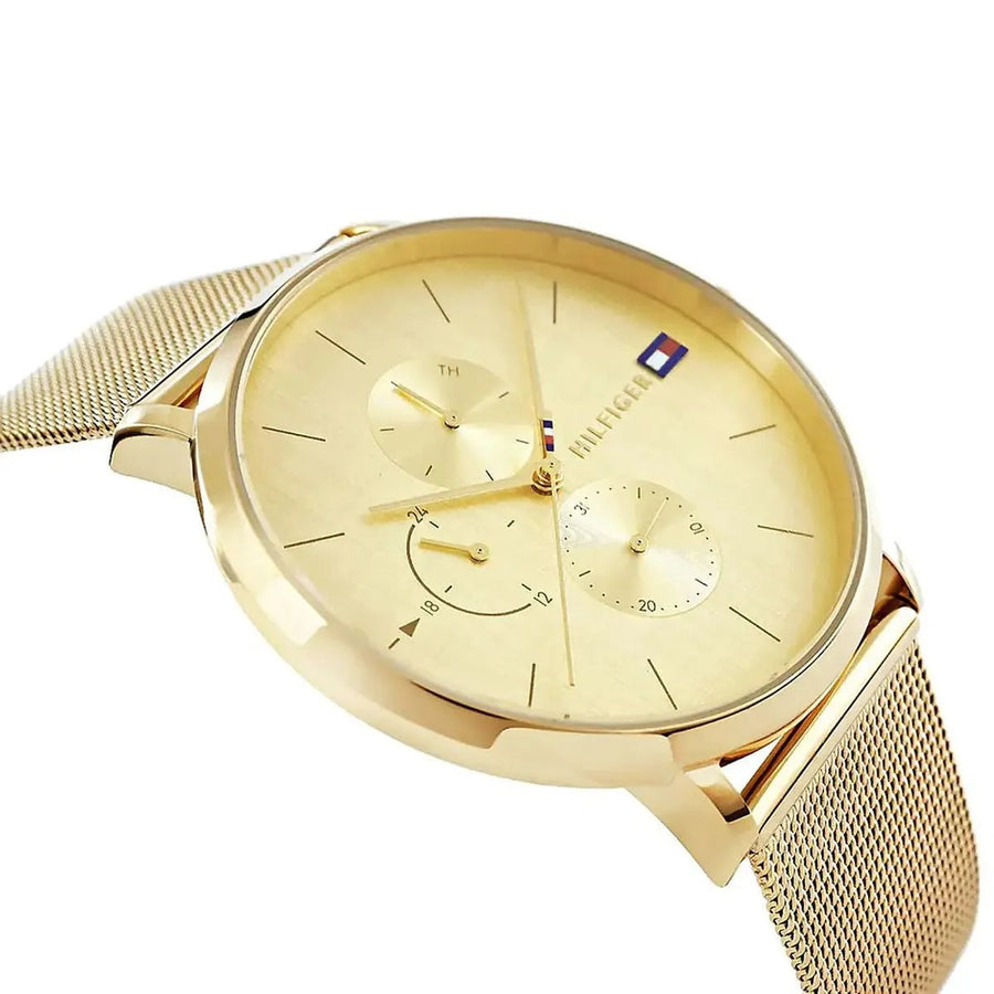 Front view of Tommy Hilfiger 1781943 women's watch with gold mesh strap and gold dial