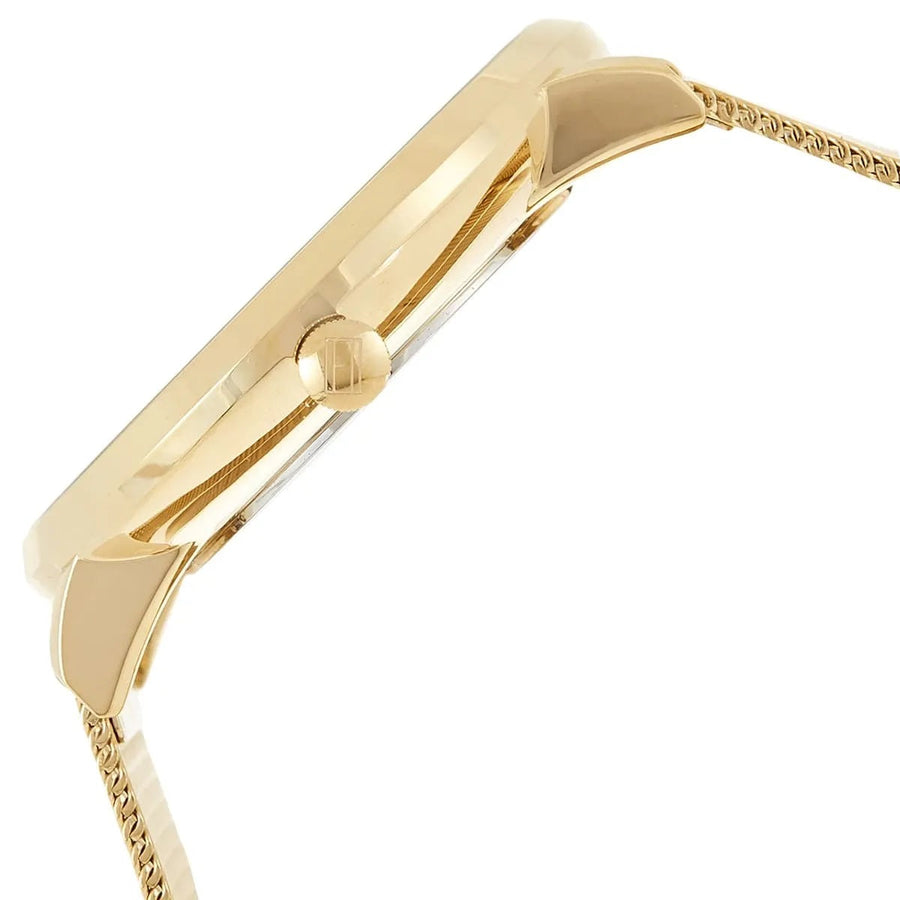 Front view of Tommy Hilfiger 1781943 women's watch with gold mesh strap and gold dial
