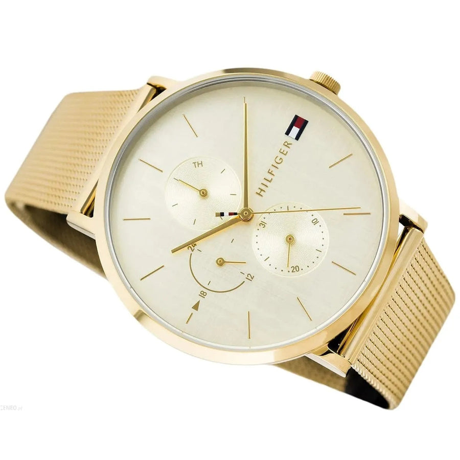 Front view of Tommy Hilfiger 1781943 women's watch with gold mesh strap and gold dial
