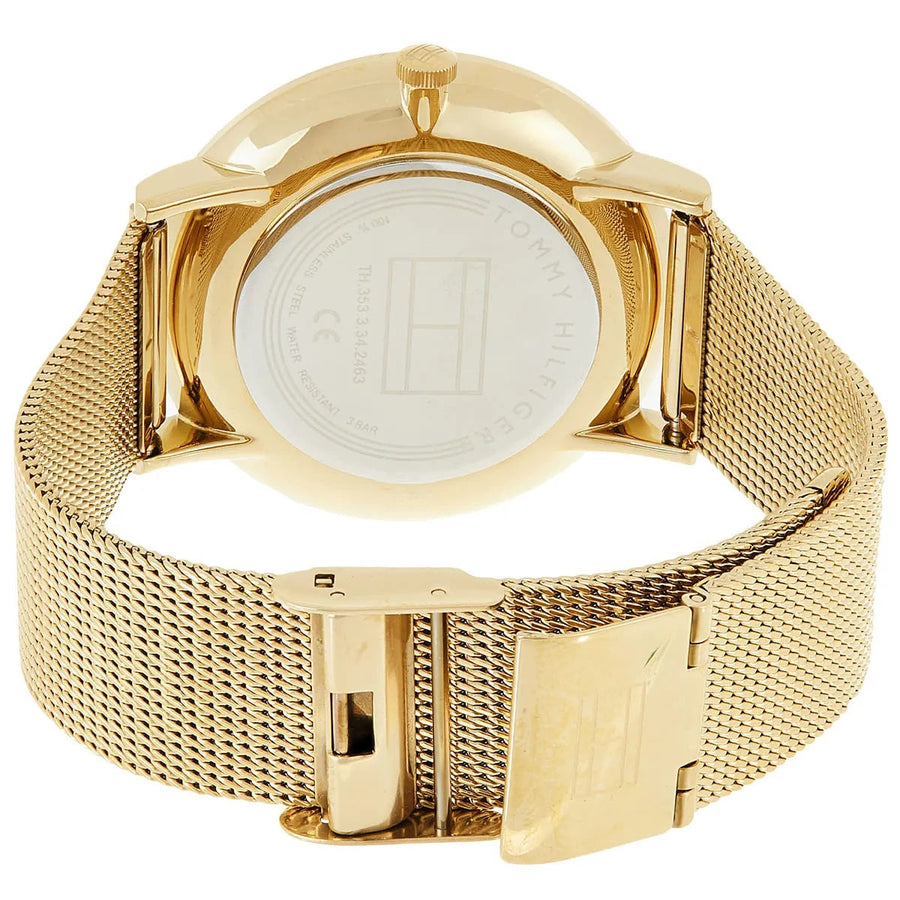 Front view of Tommy Hilfiger 1781943 women's watch with gold mesh strap and gold dial