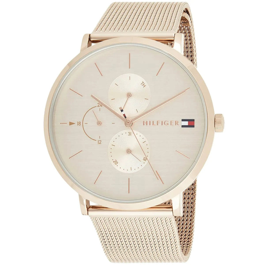Front view of Tommy Hilfiger 1781944 women’s rose gold mesh strap watch with rose gold dial
