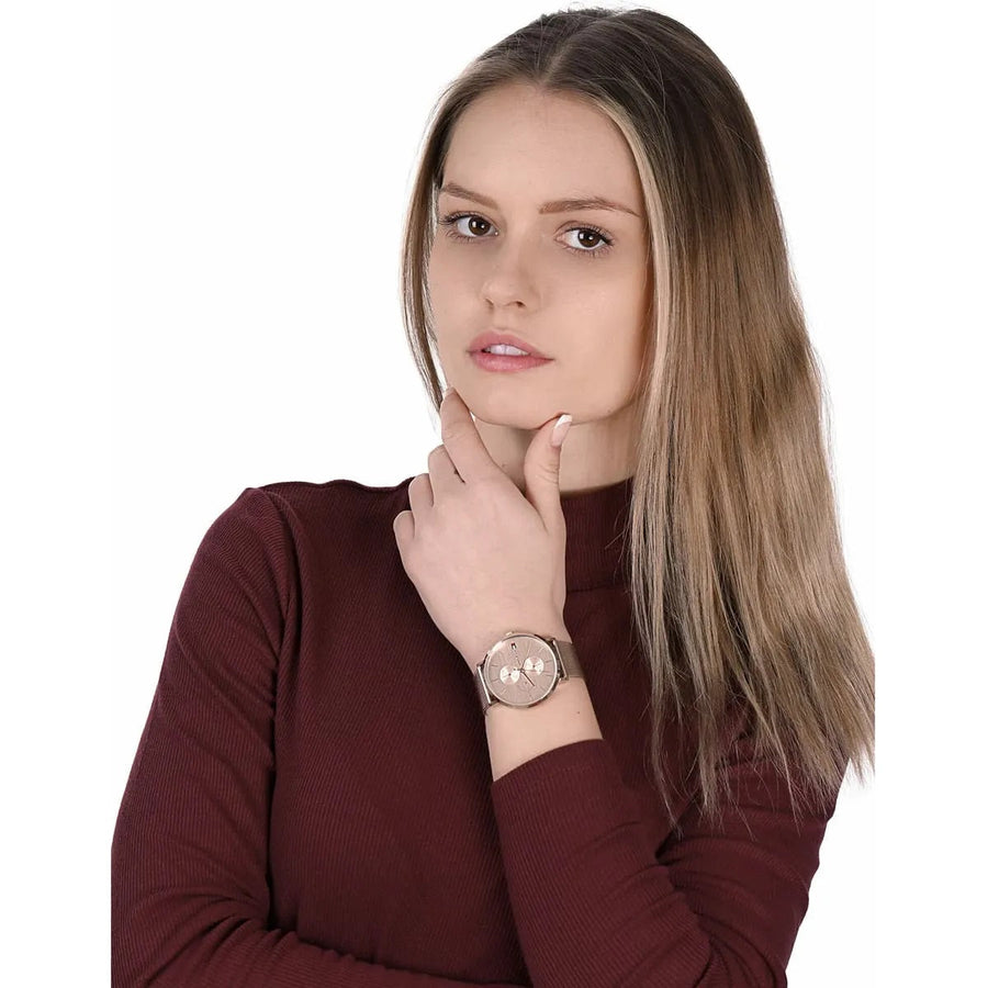 Front view of Tommy Hilfiger 1781944 women’s rose gold mesh strap watch with rose gold dial