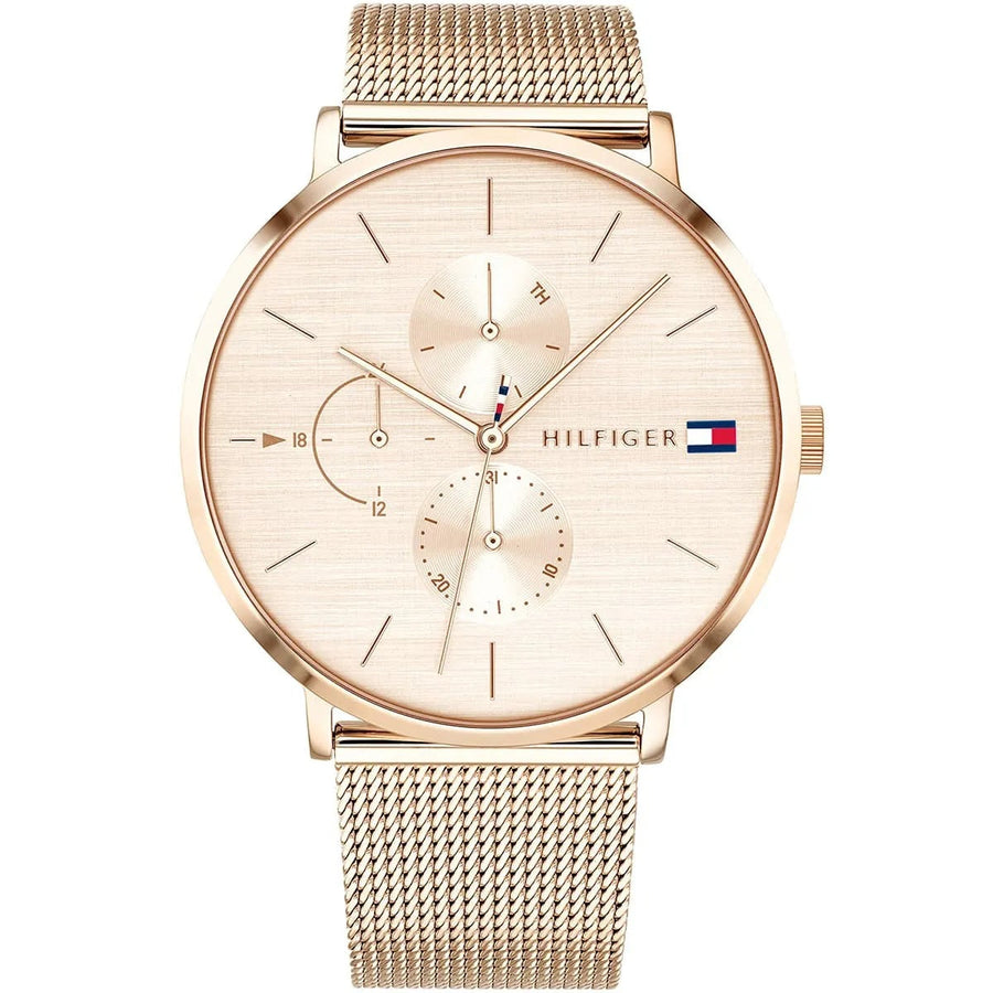 Front view of Tommy Hilfiger 1781944 women’s rose gold mesh strap watch with rose gold dial