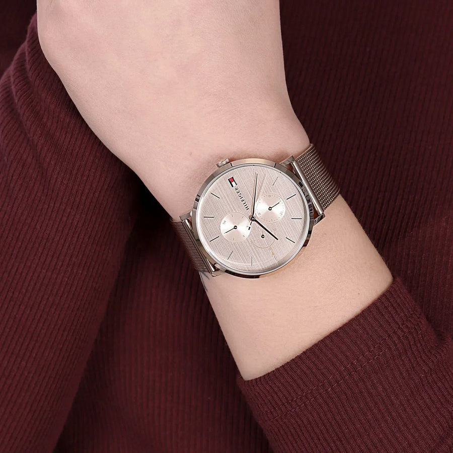 Front view of Tommy Hilfiger 1781944 women’s rose gold mesh strap watch with rose gold dial