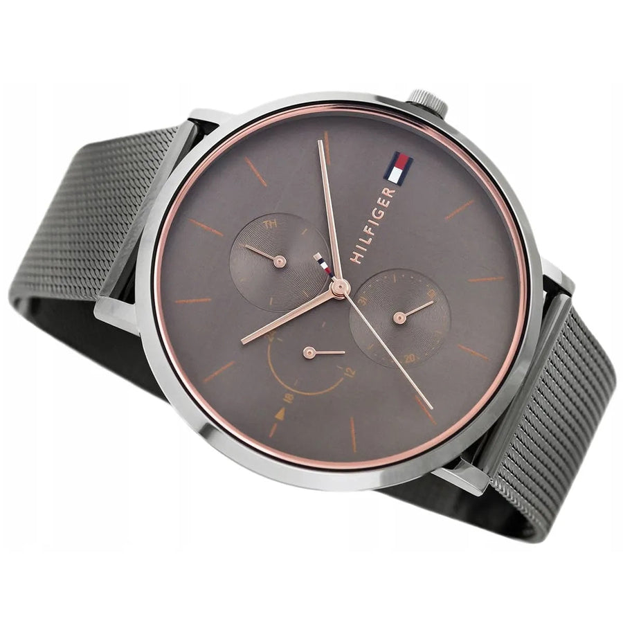 Front view of Tommy Hilfiger 1781945 women’s grey mesh strap watch with grey dial