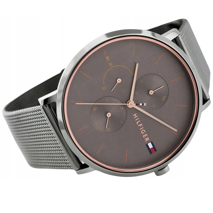 Front view of Tommy Hilfiger 1781945 women’s grey mesh strap watch with grey dial