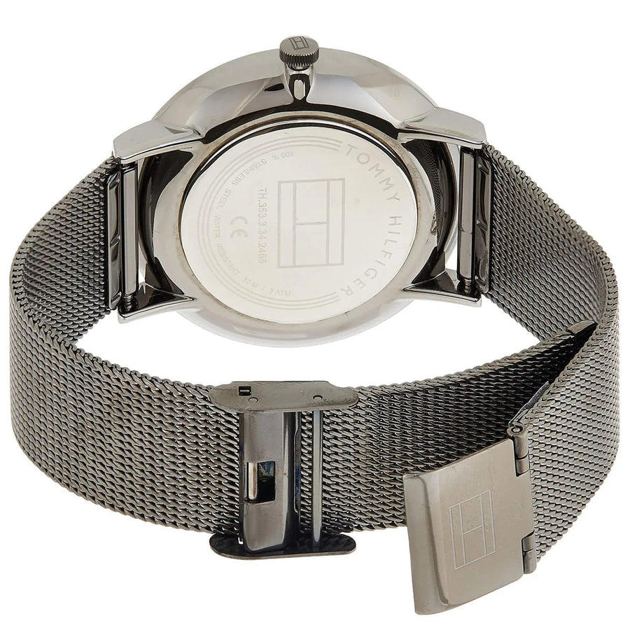 Front view of Tommy Hilfiger 1781945 women’s grey mesh strap watch with grey dial