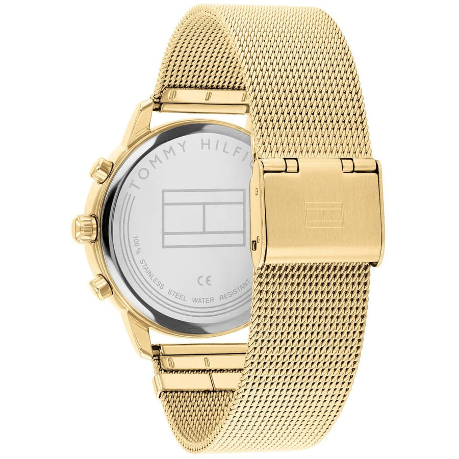 Front view of Tommy Hilfiger 1782302 women’s gold mesh strap watch with gold dial