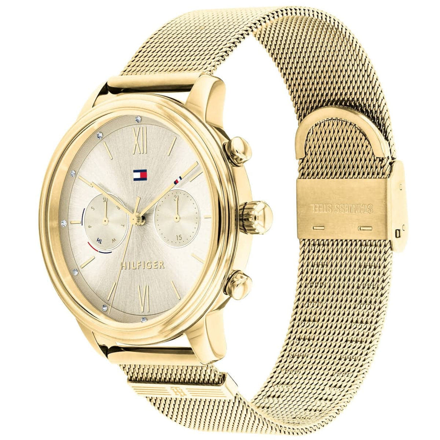 Front view of Tommy Hilfiger 1782302 women’s gold mesh strap watch with gold dial