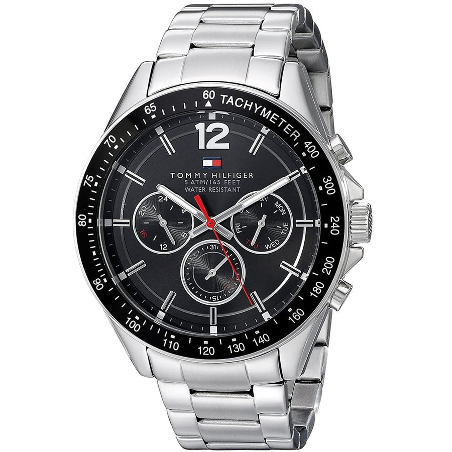 Front view of Tommy Hilfiger 1791104 men's watch with black dial and silver strap