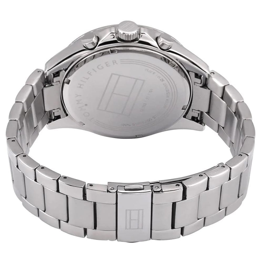 Front view of Tommy Hilfiger 1791104 men's watch with black dial and silver strap