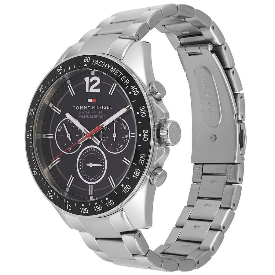 Front view of Tommy Hilfiger 1791104 men's watch with black dial and silver strap