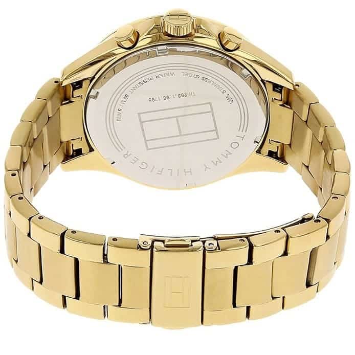 Front view of Tommy Hilfiger 1791121 men's gold watch with white face