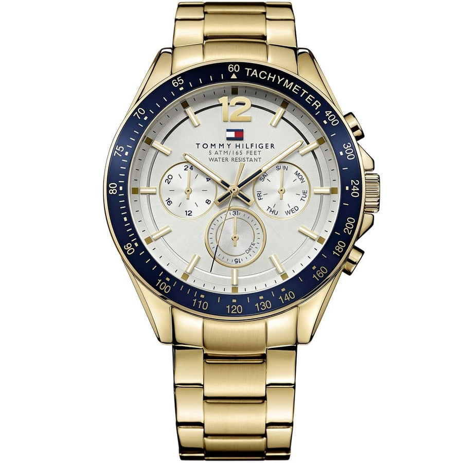 Front view of Tommy Hilfiger 1791121 men's gold watch with white face
