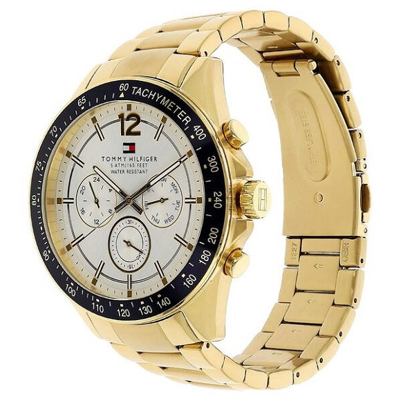 Front view of Tommy Hilfiger 1791121 men's gold watch with white face