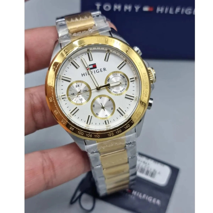 Front view of Tommy Hilfiger 1791226 men's two-tone silver and gold watch with white dial