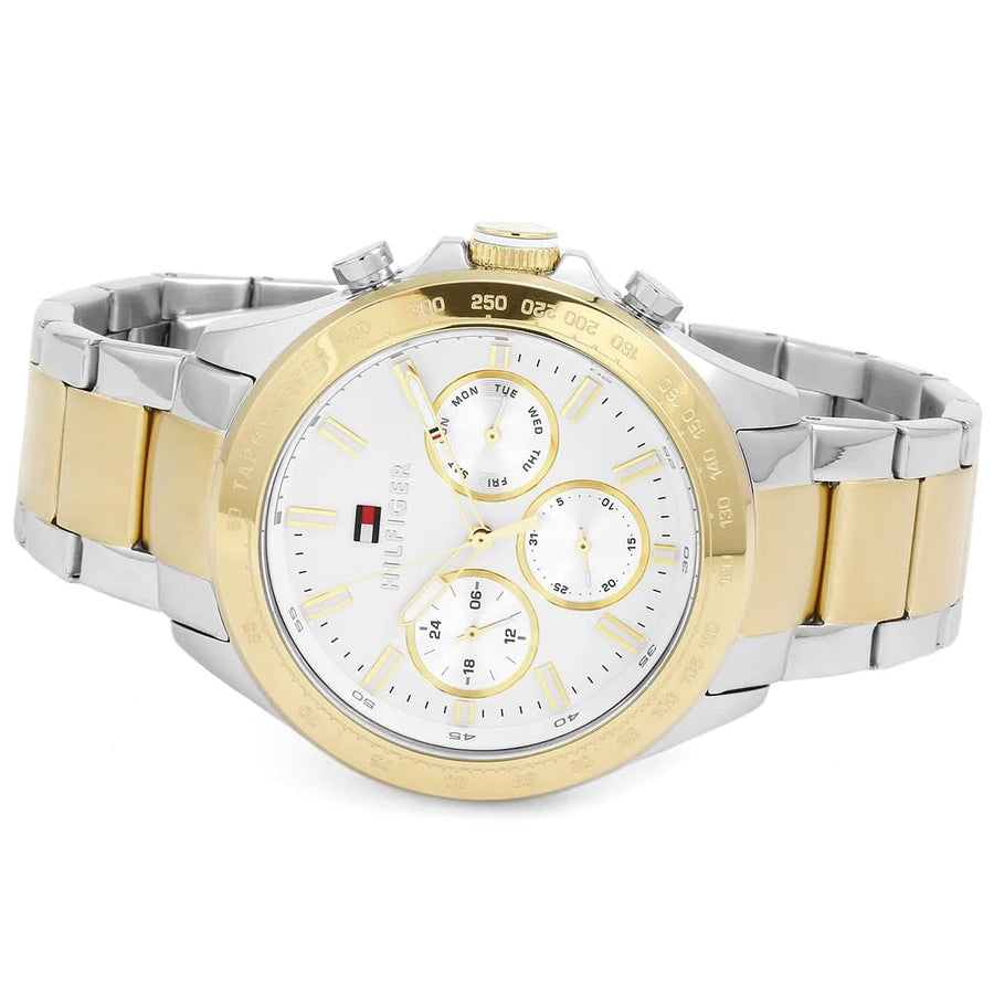 Front view of Tommy Hilfiger 1791226 men's two-tone silver and gold watch with white dial