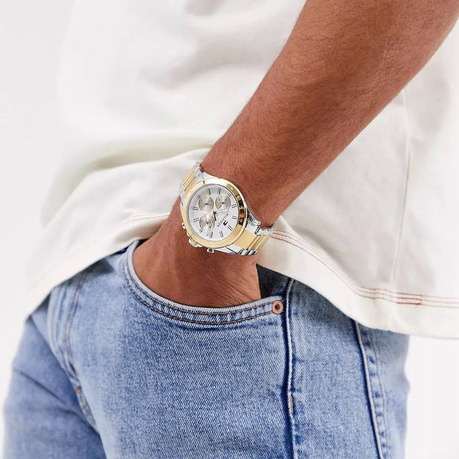 Front view of Tommy Hilfiger 1791226 men's two-tone silver and gold watch with white dial