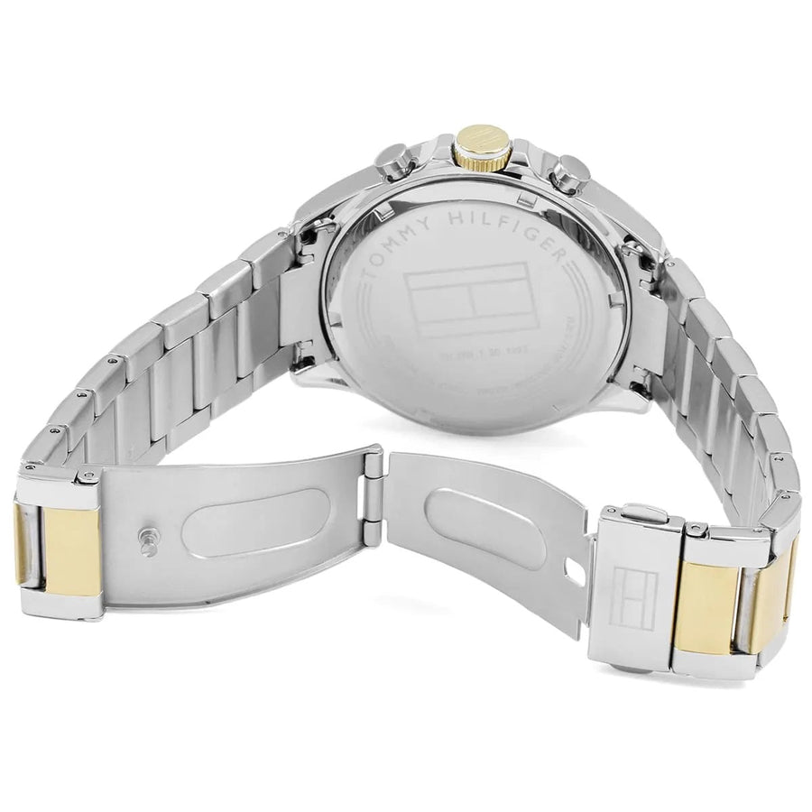 Front view of Tommy Hilfiger 1791226 men's two-tone silver and gold watch with white dial