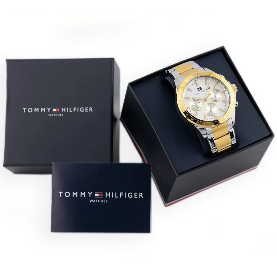 Front view of Tommy Hilfiger 1791226 men's two-tone silver and gold watch with white dial