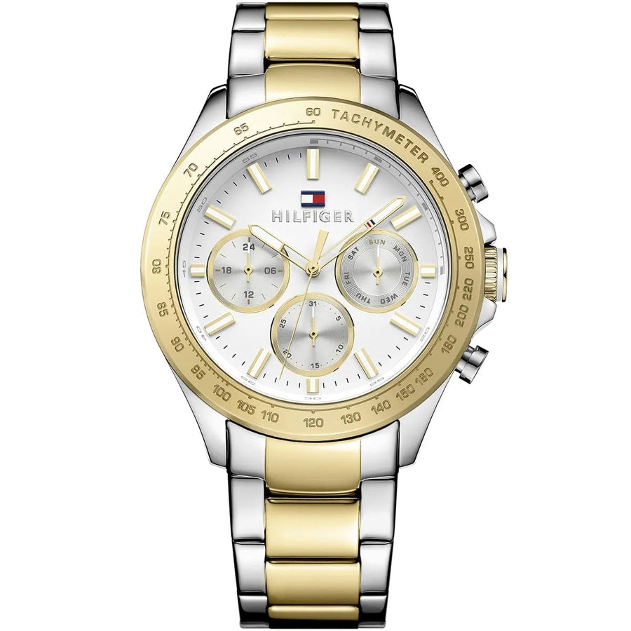 Front view of Tommy Hilfiger 1791226 men's two-tone silver and gold watch with white dial