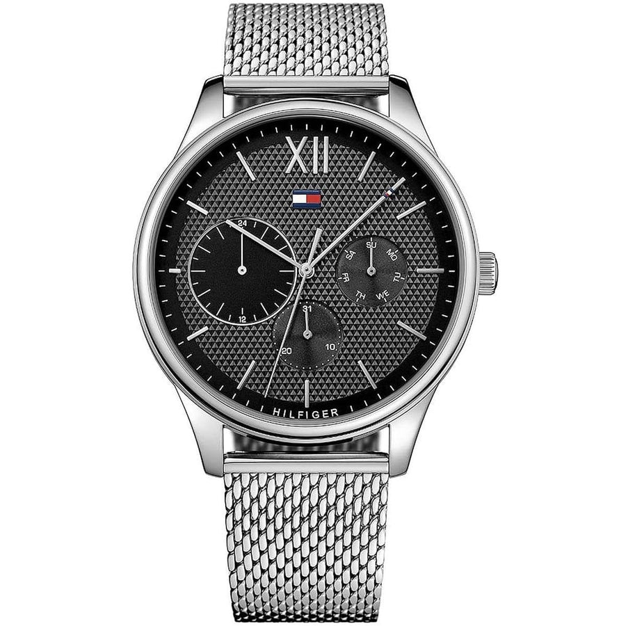 Close-up of black dial on Tommy Hilfiger 1791415 men's watch with minimalist design