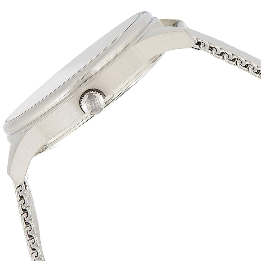 Close-up of black dial on Tommy Hilfiger 1791415 men's watch with minimalist design