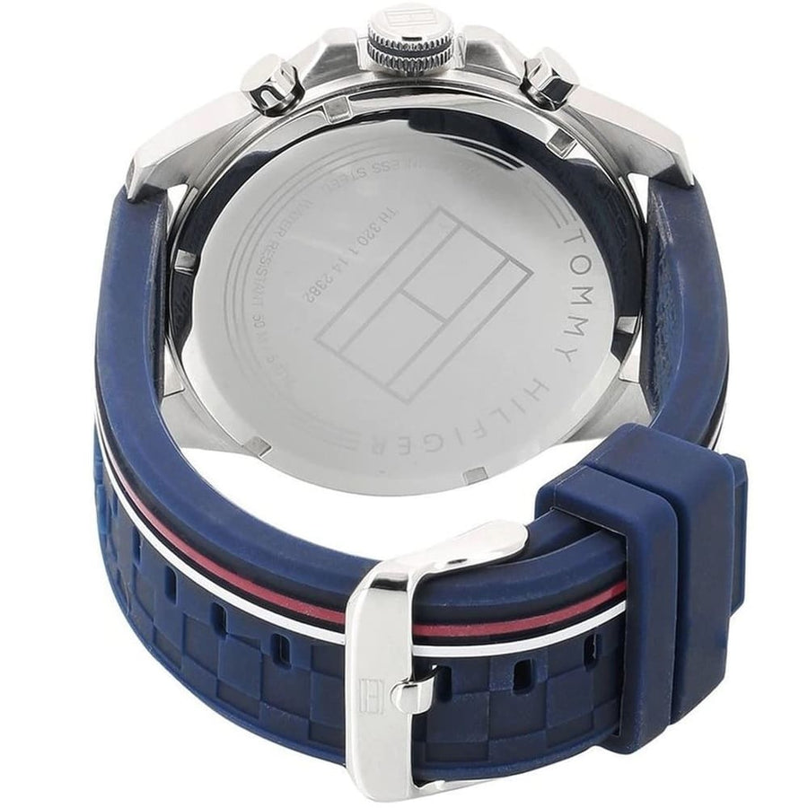 Front view of Tommy Hilfiger 1791476 men's watch with silver case and blue strap