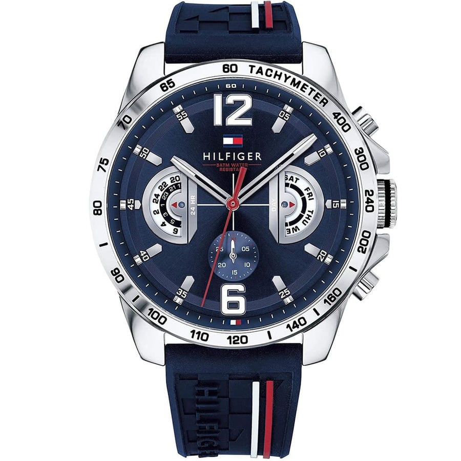 Front view of Tommy Hilfiger 1791476 men's watch with silver case and blue strap
