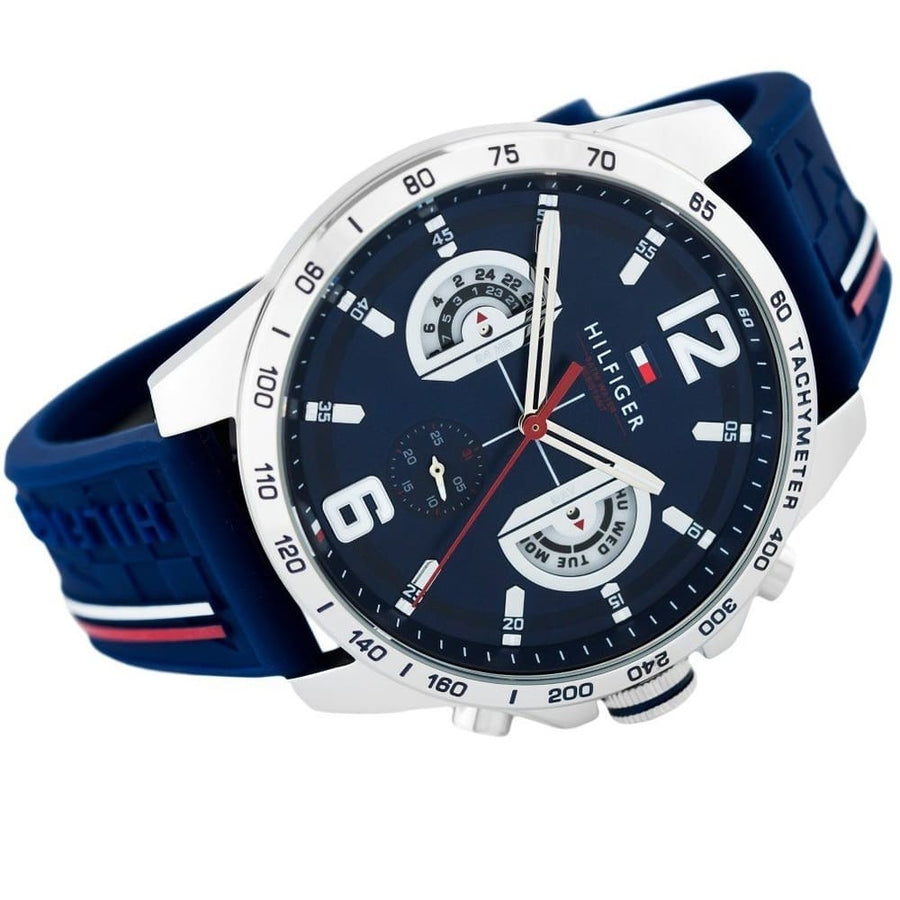 Front view of Tommy Hilfiger 1791476 men's watch with silver case and blue strap