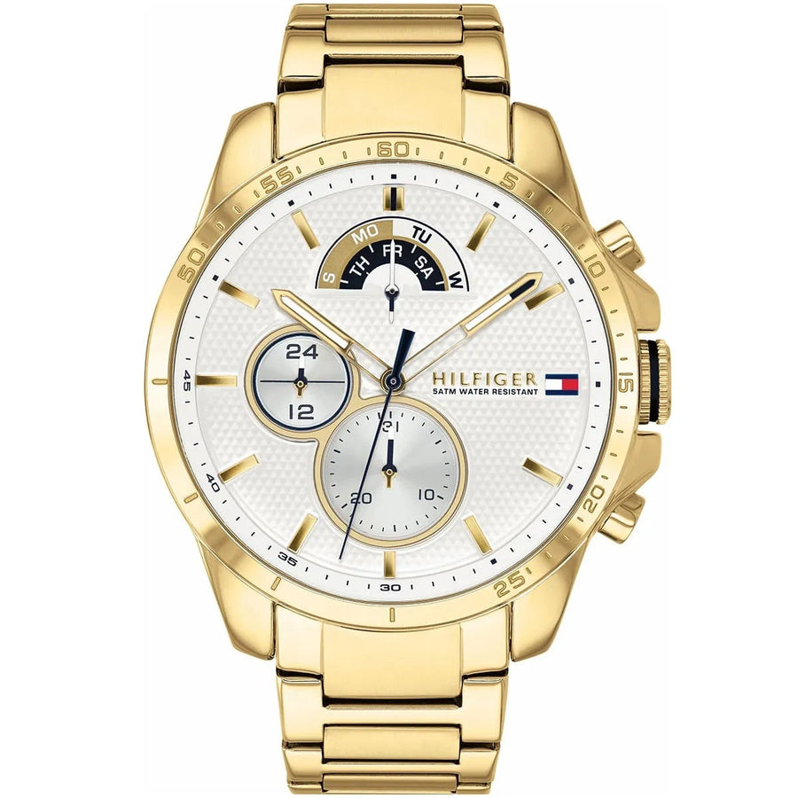 Front view of Tommy Hilfiger 1791538 gold men's watch with white dial