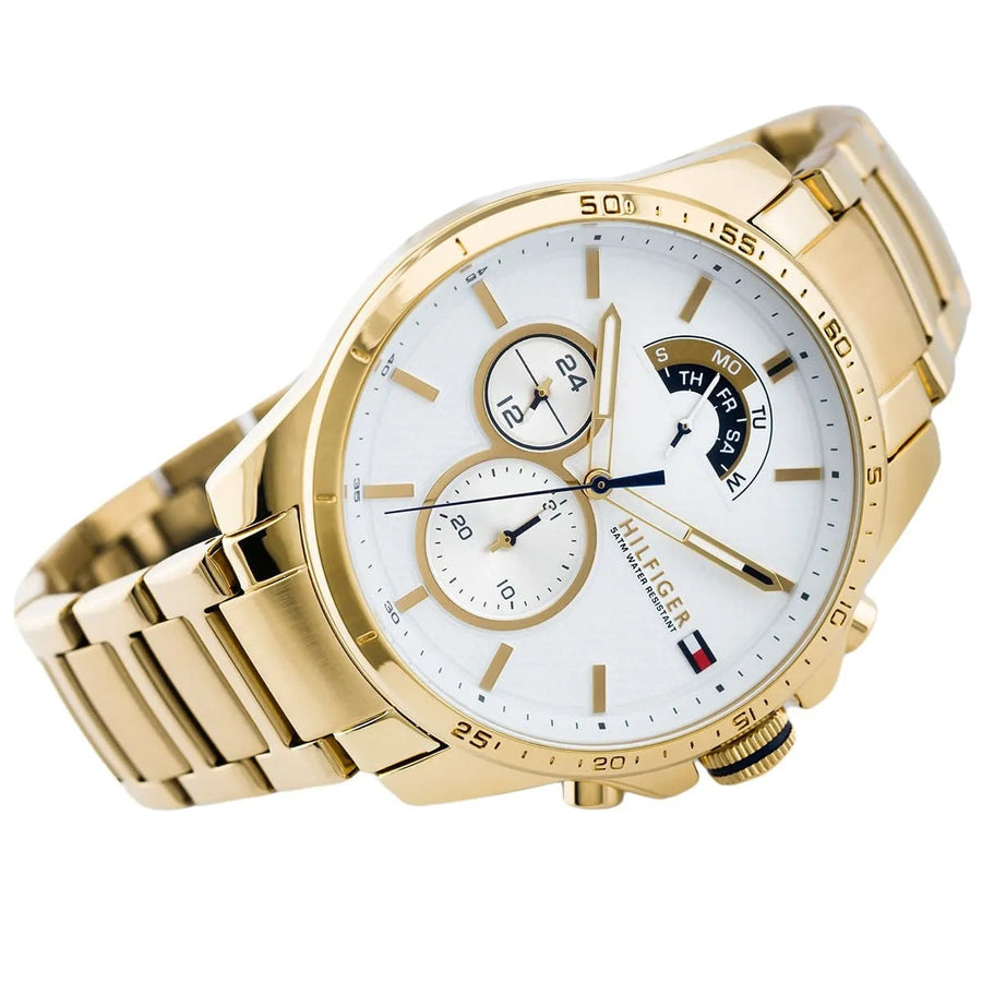Front view of Tommy Hilfiger 1791538 gold men's watch with white dial