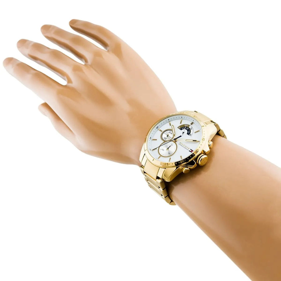 Front view of Tommy Hilfiger 1791538 gold men's watch with white dial