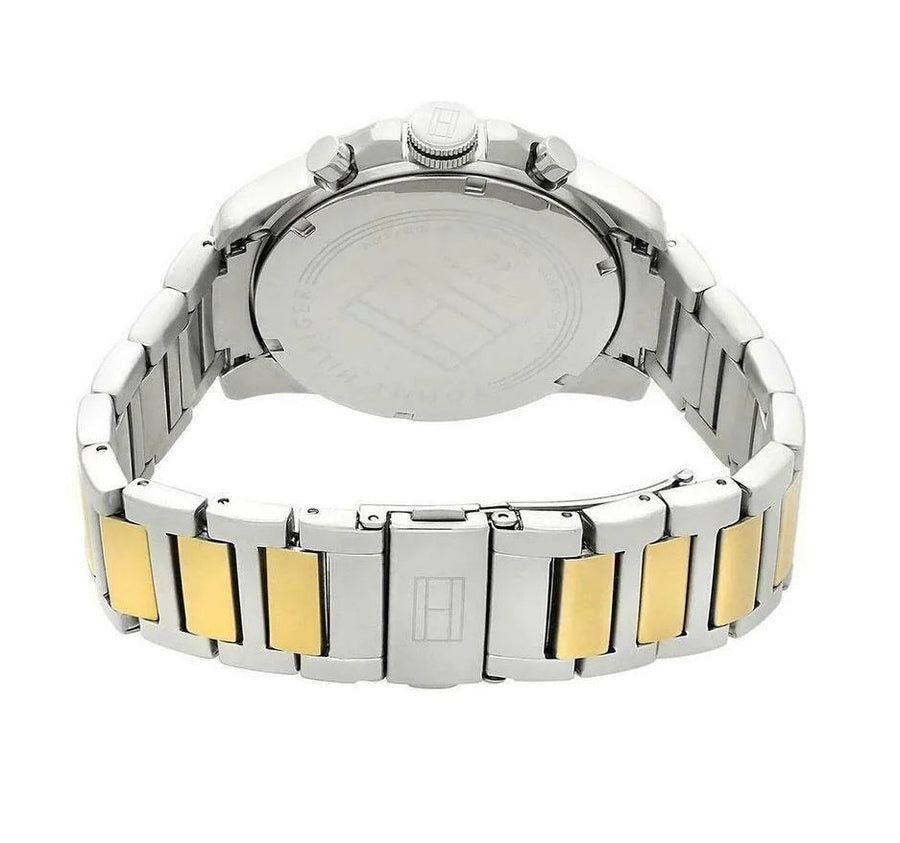 Front view of Tommy Hilfiger 1791559 men's two-tone watch with black dial