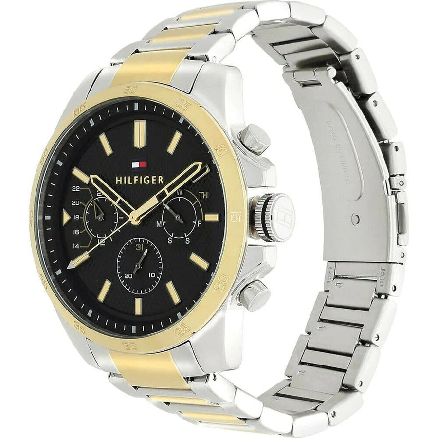 Front view of Tommy Hilfiger 1791559 men's two-tone watch with black dial