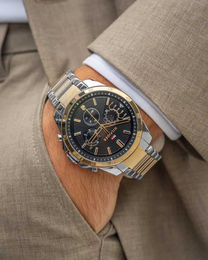 Front view of Tommy Hilfiger 1791559 men's two-tone watch with black dial