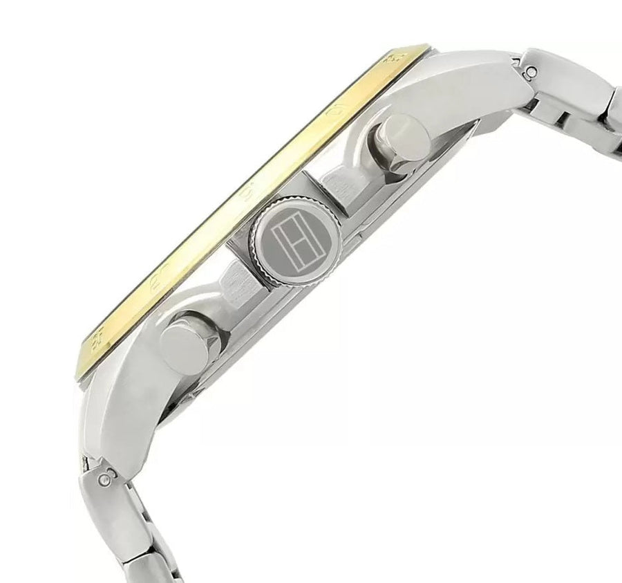 Front view of Tommy Hilfiger 1791559 men's two-tone watch with black dial