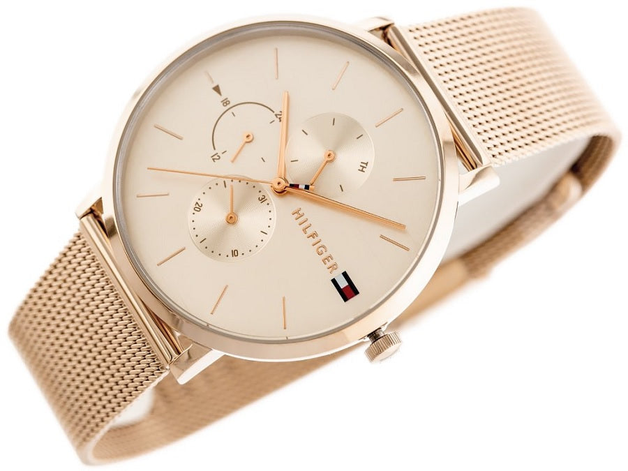 Front view of Tommy Hilfiger 1781944 women’s rose gold mesh strap watch with rose gold dial